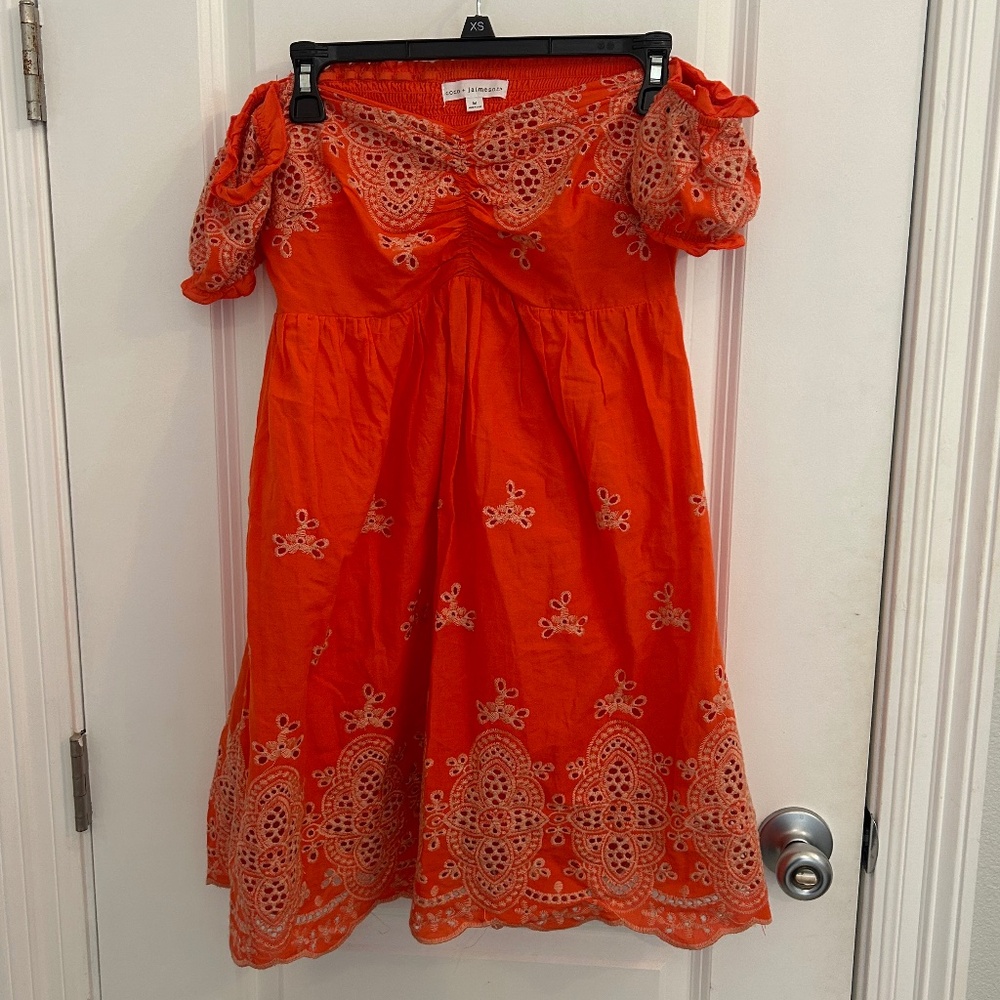 Coco + Jaimeson orange off shoulder eyelet minidress